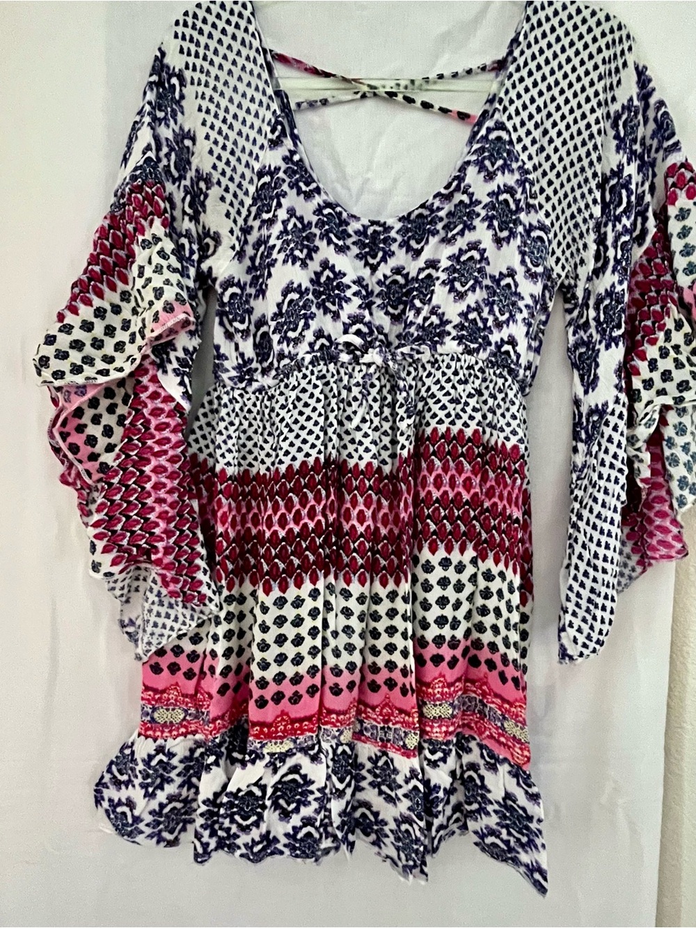 Boho Floral & Geo Print Peasant dress in Pink and Navy